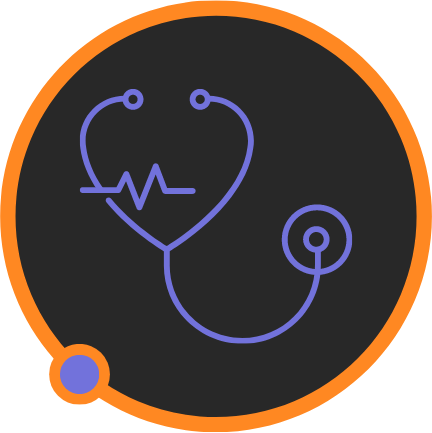 Symbol of a purple stethoscope in an orange circle. At Ignite Digital, we ignite careers and provide healthcare.