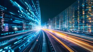 Digital Data Flow On Road With Motion Blur To Create Vision Of Fast Speed Transfer Concept Of Future Digital Transformation Disruptive Innovation And Agile Business Methodology : Generative Ai